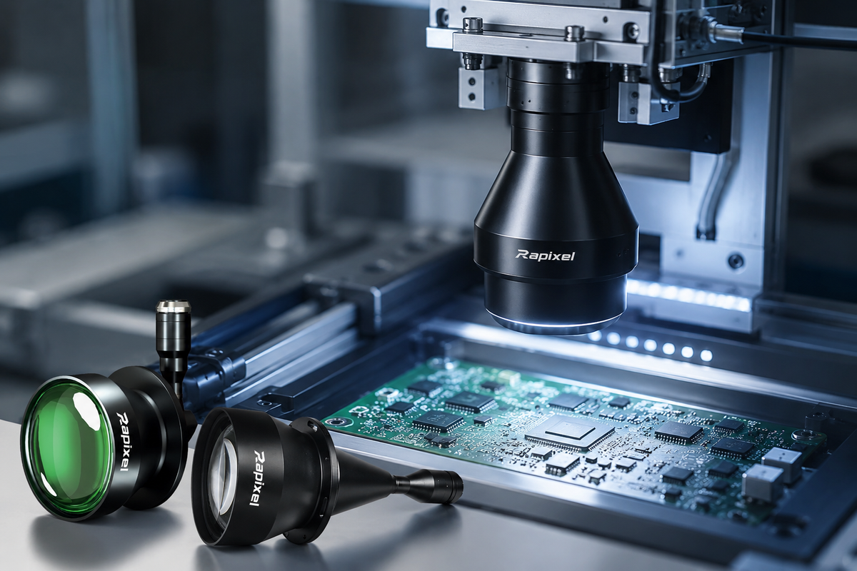 Telecentric lens for AOI machine vision inspection of PCBs and electronics