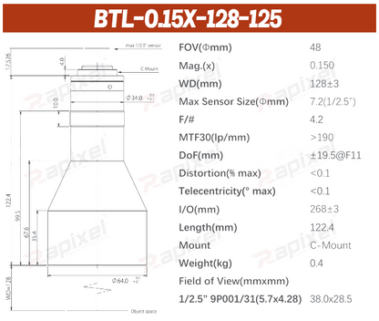 BTL-125 Series 1/2.5" C-Mount Precision Measurement Bi-Telecentric Lens