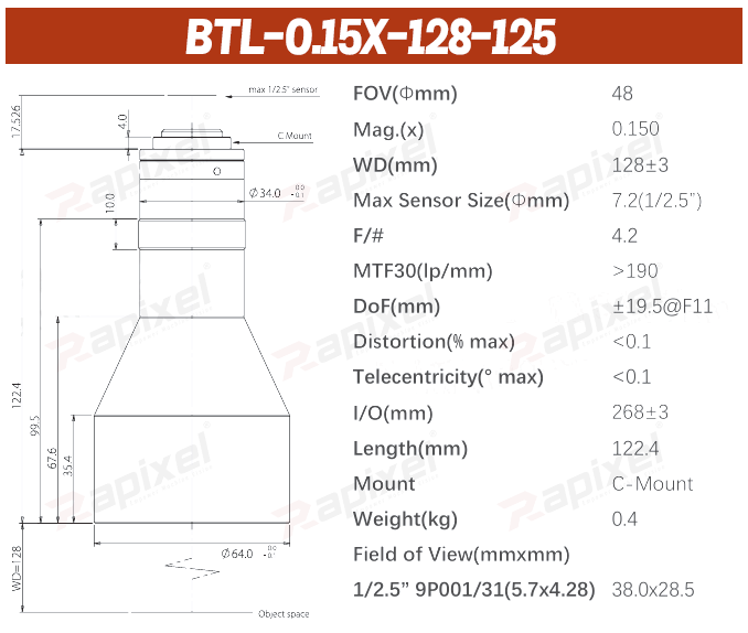 BTL-125 Series 1/2.5" C-Mount Precision Measurement Bi-Telecentric Lens
