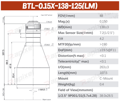 BTL-125 Series 1/2.5" C-Mount Precision Measurement Bi-Telecentric Lens
