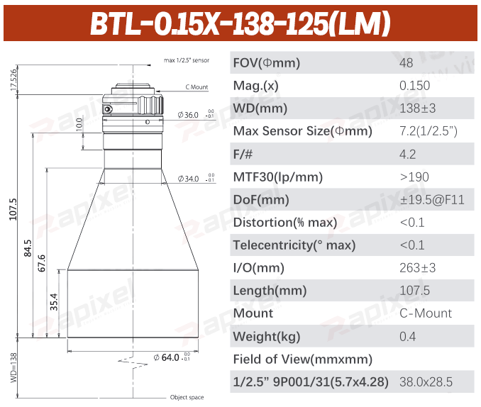 BTL-125 Series 1/2.5" C-Mount Precision Measurement Bi-Telecentric Lens