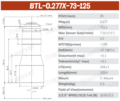 BTL-125 Series 1/2.5" C-Mount Precision Measurement Bi-Telecentric Lens