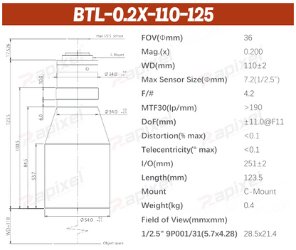 BTL-125 Series 1/2.5" C-Mount Precision Measurement Bi-Telecentric Lens