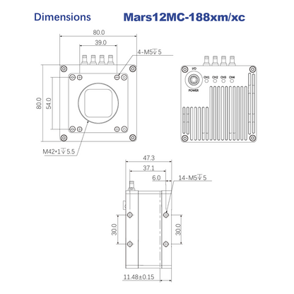 12MP 188fps 330fps 1.65" CMV12000 CoaXPress Machine Vision Global Shutter Camera Mars12MC-XM/XC