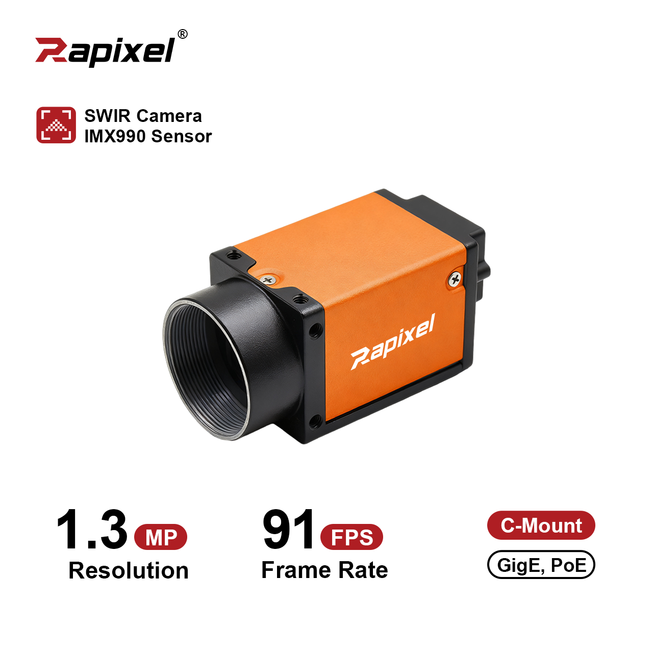 Front view of Rapixel iCt-SWG130S-Pro SWIR camera with compact design